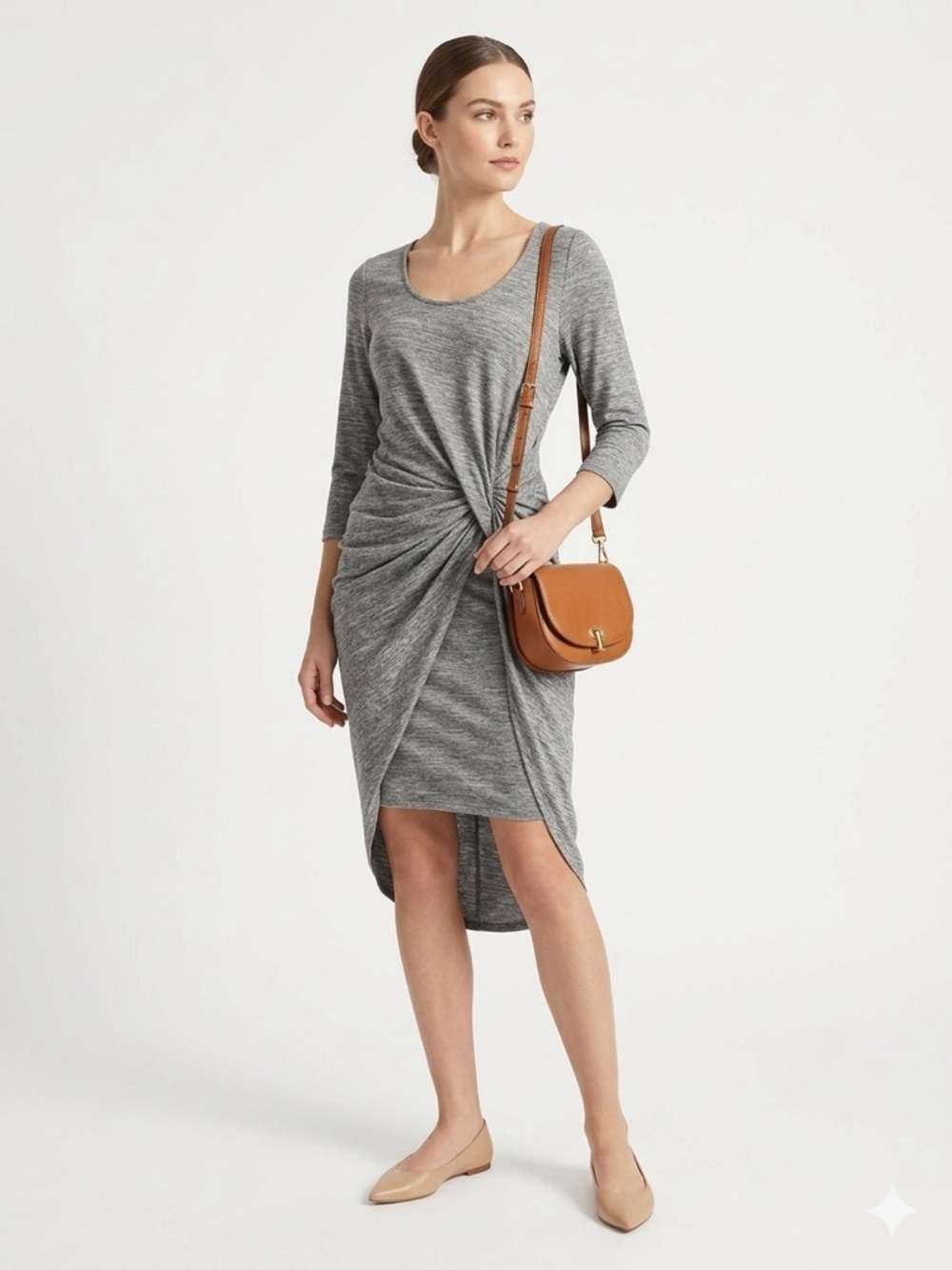 Gray Twist Front Bodycon Midi Dress 3/4 Sleeve Stretch Fitted Large